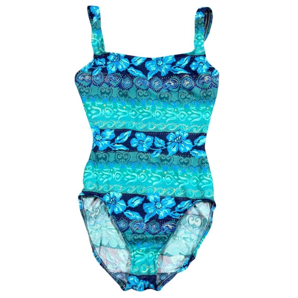 Sandcastle Vintage 80s One Piece Swimsuit Womens 10‎ Teal Floral Low Back